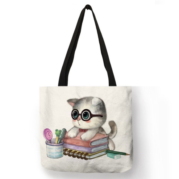 Eco-Friendly Bookworm Kitten Folding Tote Bag - Picture 1 of 15